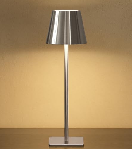 UME Cordless Table Lamp, Battery Operated Lamp - Portable Waterproof Rechargeable Table Lamp w/ 3 Color Temps & Stepless Dimming for Dinner, Desk, Cafe, Outdoor (Brushed Silver) - color: Brushed Silver, size: 1 Pack