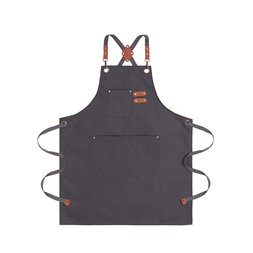 Chef Aprons for Men Canvas Apron with Large Pockets and Adjustable Neck Strap for Cooking,BBQ, Gardening - color: Grey