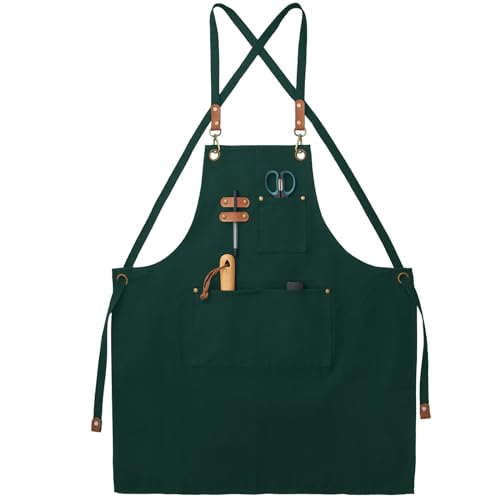 Chef Canvas Aprons with 3 Large Pockets Adjustable Strap for Men Women - color: Green