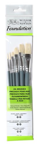 Winsor & Newton Foundation Oil Hog Brush Set, Short Handle, 6 Pack | Natural Hog Bristles Ideal for Use with Oil Paint, Introductory Selection of Brushes for Students, Hobbyists, Beginners - size: Round 3 & 6, Filbert 3 & 6, Flat 10 & 14 (Short)