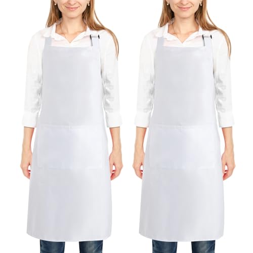 2 Pack Kitchen Cooking Aprons, Adjustable Bib Soft Chef Apron with 2 Pockets for Men Women - color: White