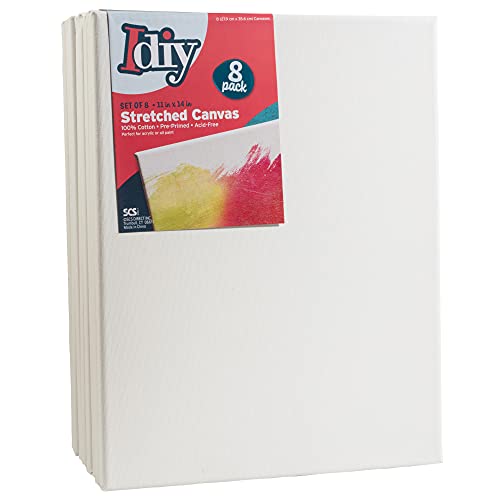 iDIY Stretched Canvas Board 11 x 14 (Set of 8) 5/8" - Classic White Blank, Pre Primed for Oils or Acrylics, 100% Cotton, Acid Free - Professional Grade for Painting or Art Project, Craft, Mixed Media - size: 11 x 14 inches (set of 8)