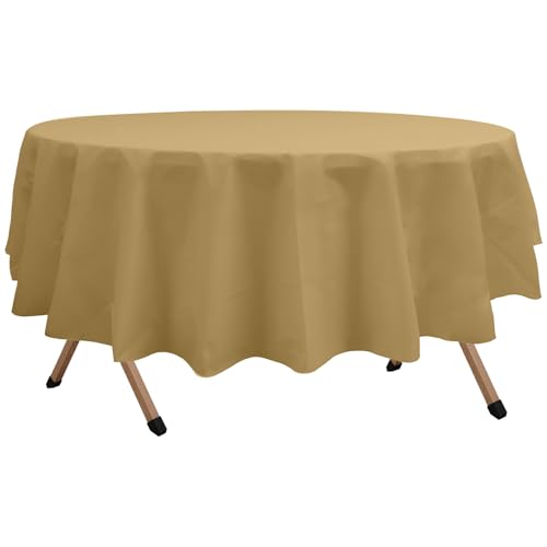 2 Pack Gold Premium Plastic Tablecloth Round 84 Inches Reusable Shinning Harvest Gold Decorative Table Cover for Dining, Wedding, Party, Indoor and Outdoor use - color: D04 Gold, size: Round 84"