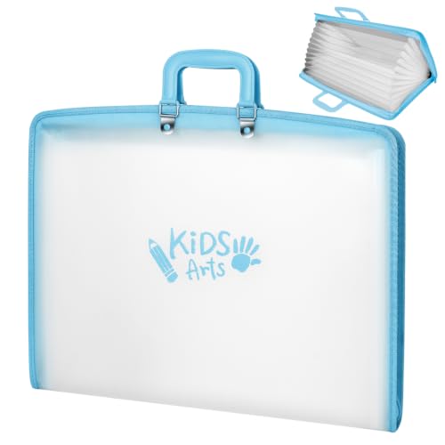 11x17 Kids Art Portfolio - Accordian File Organizer with 13 Pockets, Art Portfolio for Kids with Handle and Zipper Closure - Oxford Cloth, Frosted Translucent Artwork Folder for Children - Blue - color: Blue
