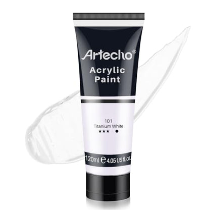 Artecho White Acrylic Paint, Titanium White Paint (120ml / 4.05oz) Tubes, Art Craft Paints for Canvas Painting, Rock, Stone, Wood, Fabric, Art Supplies | Semi Glossy Finish, High Pigment Rich Color Craft Paint for Canvas, Rocks, Wood, Fabric, Ceramic, Non