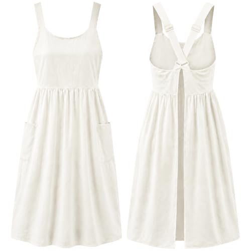 Uaussi Cotton Linen Apron Cross Back Work Apron for Women with Pockets Pinafore Dress X Cross Halter Apron for Chef Gardening - color: White