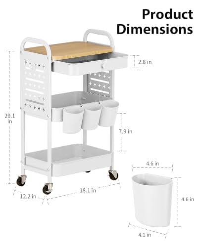 ALVOROG 3 Tier Metal Rolling Cart with Drawer,Wood Top,Pegboards,White | Storage Utility Cart with Drawers,Pegboards,Lockable Wheels,Baskets,Hooks for Kitchen,Office,Bedroom,DIY Supplies - color: White