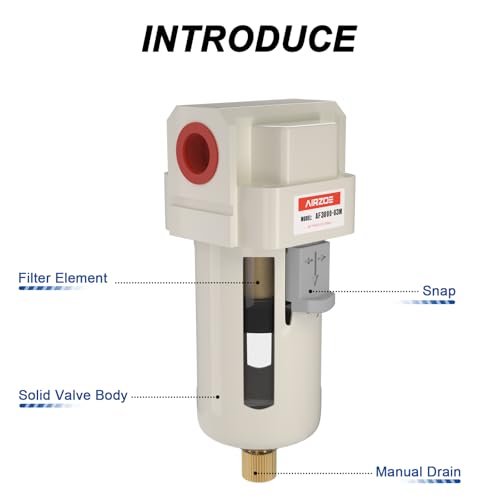 AIRZOE 3/8" NPT Air Dryer for Compressor - Air Compressor Water Separator AF3000-03, Semi-Auto Drain,5 Micron Brass Element, Poly Bowl - size: 3/8" NPT
