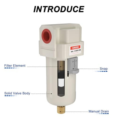 AIRZOE 3/8" NPT Air Dryer for Compressor - Air Compressor Water Separator AF3000-03, Semi-Auto Drain,5 Micron Brass Element, Poly Bowl - size: 3/8" NPT