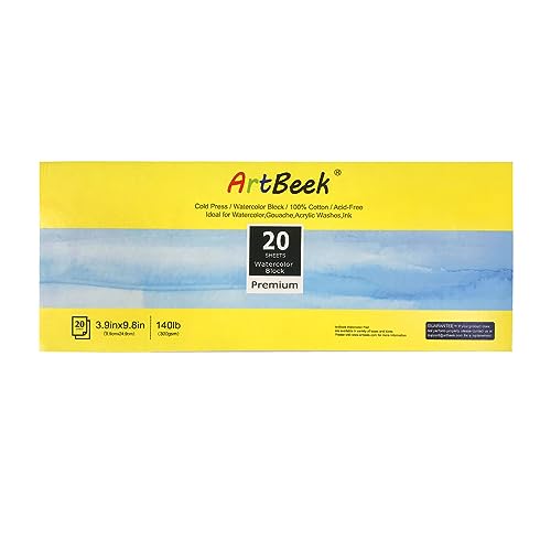 ArtBeek Watercolor Paper Block,3.9" x 9.8" Watercolor Block 20 Sheets 100% Cotton Cold Press 140lb/300GSM - size: 3.9X9.8