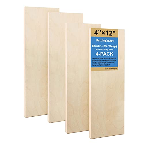 Falling in Art 4 Pack 4x12’’ Unfinished Birch Wood Panels Kit for Painting | Studio 3/4’’ Deep Wood Canvas, Cradle Boards for Acrylic Pouring, Art, Crafts, Epoxy Resin, Laser Engraving Cutting - size: 4'' x 12''