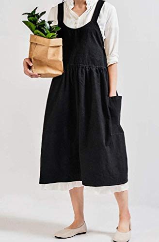 Women Girls Cross Back Apron Gardening Works Cotton Aprons Pinafore Dress - color: Black
