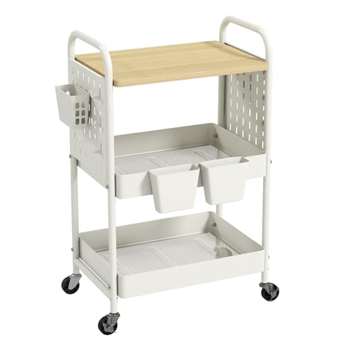 3 Tier Rolling Cart with Wooden Table Top, White Rolling Utility Cart with DIY Pegboards & Locked Wheels, Easy Assembly for Nursery, Living Room, Studio - color: White