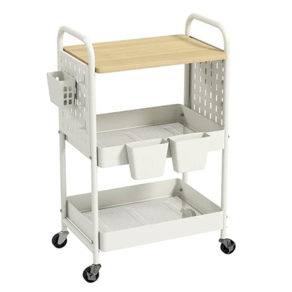 3 Tier Rolling Cart with Wooden Table Top, White Rolling Utility Cart with DIY Pegboards & Locked Wheels, Easy Assembly for Nursery, Living Room, Studio - color: White