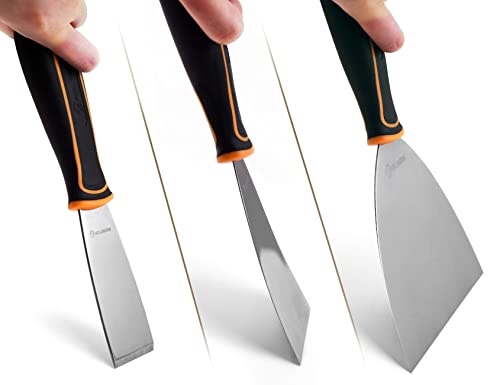 ROLLINGDOG 3PC Putty Knife Set (1.5", 3", 6") | Stainless Steel Spackle Knife Set, Ergonomic Rubber Gripped Handle, for Scrapering, Drywall Repairs and Spreading