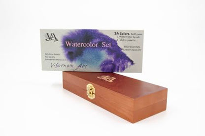 Professional Watercolor Paint Set - 24 Half Pan Highly Pigmented Transparent Water Color Adult Paints with #4 Synthetic Water color Brush, Ceramic Mixing Palette & Wooden Box Gift Watercolor Kit