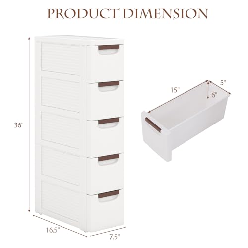 POWERSTONE 5-Drawer Plastic Storage Cart, Narrow Organizer Rolling Cart with 4 Wheels, Space-Saving Slim Mobile Utility for Bathroom, Office & Classroom - size: 36"H 5 Drawer