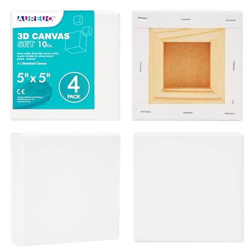 AUREUO 5x5 Inch Gallery Wrapped Canvas - 1.5 Inch Depth 4 Pack - 10 Oz Triple Gesso Primed 100% Cotton Square White Artist Canvases for Acrylic & Oil Paints - size: 5"x5" Gallery
