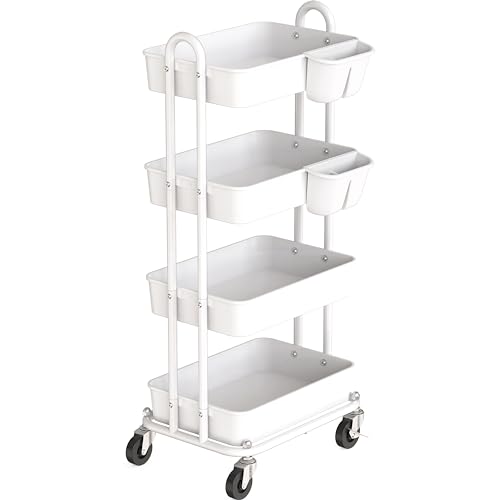 Simple Houseware 4-Tier Rolling Utility Cart with Hanging Bucket, White - color: White, size: 4-Tier