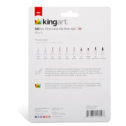 KINGART PRO Inkline Black Micro Line & Precision Graphic Pens, 10 Assorted Nibs, BLACK Archival Waterproof Japanese Ink for Art, Illustration, Calligraphy, Sketching, Anime, Technical Drawing, Manga
