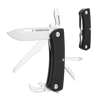 MOSSY OAK 10-in-1 Folding Pocket Knife with Saw, Stainless Steel | Includes can opener and screwdrivers, ideal for EDC, camping, hiking, fishing, and outdoor adventures