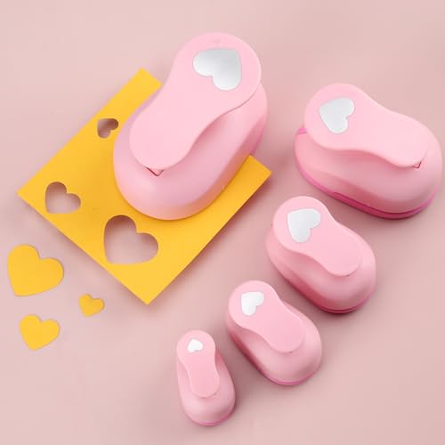 Heart Paper Punch Set, 3/8 inch, 5/8 inch, 1 inch, 1.5 inch, 2 inch, 5 Different Size Heart Punches for Crafting Designs, Office Supplies, Card Making, DIY Albums, Photos - color: Pink