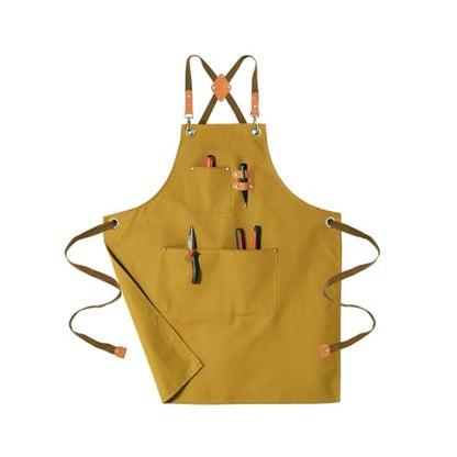 Chef Aprons for Men Canvas Apron with Large Pockets and Adjustable Neck Strap for Cooking,BBQ, Gardening - color: Brown