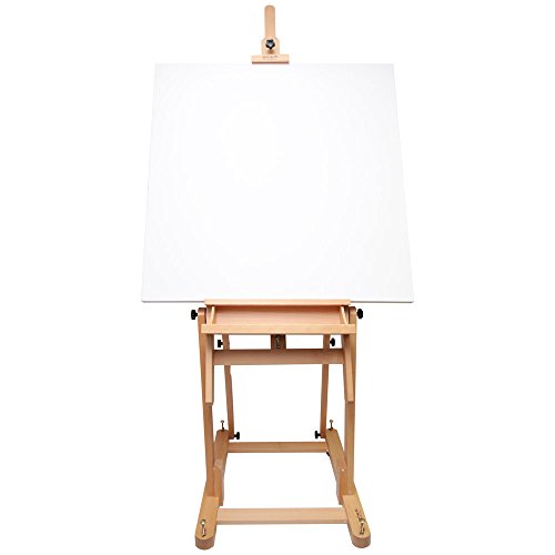 Mont Marte Tilting Studio Wooden Floor Easel. Height Adjustable Extra Large H-Frame Featuring a Large Tilt Range. Castor Wheels Allow Easy Movement and Can Be Locked into Place.