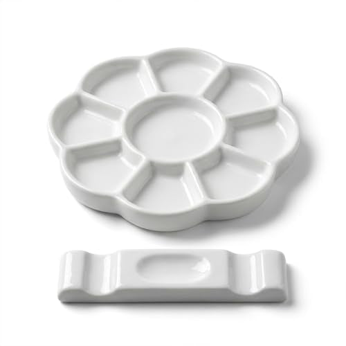 5" Ceramic Watercolor Palette with Brush Holder Set - Plum Blossom Porcelain Paint Palette for Mixing, Easy to Clean White Ceramic Palette for Watercolor, Gouache & Ink Painting - color: Small White