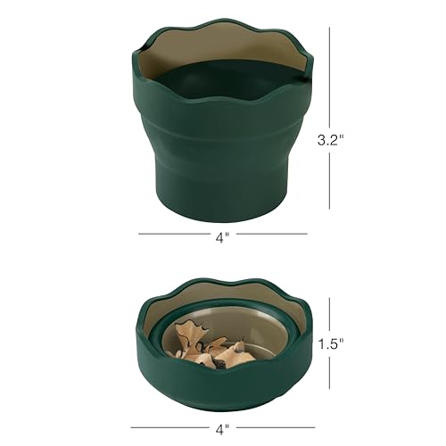 Faber-Castell Clic & Go Artist Water Cup, Dark Green - Travel-Friendly Collapsible Brush Cleaner Tool with Brush Stand, Scalloped Rim, Non-Slip Base, Portable Palette & Rinser - size: 1 Count (Pack of 1), style: Dark Green
