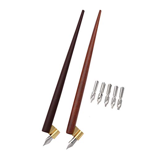Professional Manga Gothic Pen Dip Pen Calligraphy Drawing Pen Kit, 2 Pen Holders Handles, 7 Nibs (2 Fountain Pen Nib, 5 Flat Nib) - Brown Wood and Redwood - color: Brown Wood and Redwood