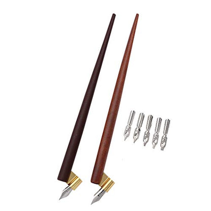 Professional Manga Gothic Pen Dip Pen Calligraphy Drawing Pen Kit, 2 Pen Holders Handles, 7 Nibs (2 Fountain Pen Nib, 5 Flat Nib) - Brown Wood and Redwood - color: Brown Wood and Redwood