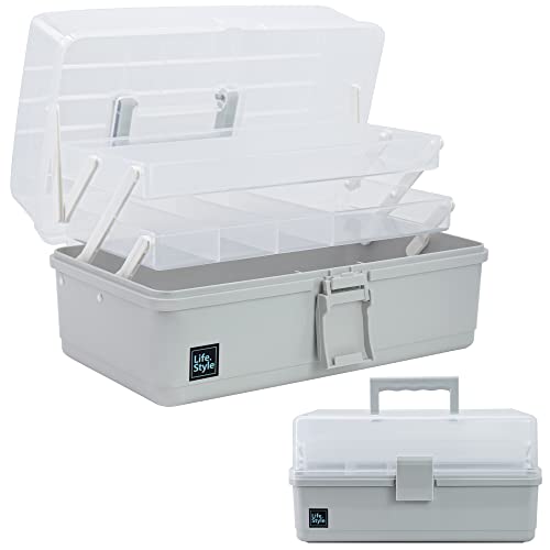 Creahaus 13 inch Art Craft Organizer Storage Box with 3 Layer, Multipurpose Plastic Tool Box with Handle for Sewing, Art Supply, Medicine, Nail, Hair Accessories (Grey) - color: Grey