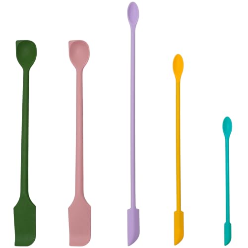5Pcs Silicone Spatula Set, Long Dual-end Silicone Spatula with Stirring Spoon, Thin Beauty Makeup Spatulas, Multi-Size Spatulas for Kitchen, Baking, Crafts, and Narrow Bottles