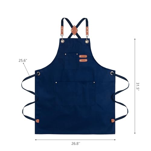 Chef Aprons for Men Canvas Apron with Large Pockets and Adjustable Neck Strap for Cooking,BBQ, Gardening - color: Blue