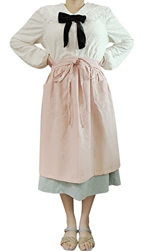 Unisex Chef Aprons White Retro Cotton Maid Short 2 Pockets Waist Waiter Waitress Half Apron - color: Cotton Pink