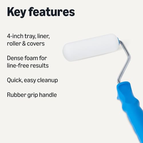 Amazon Basics Foam Paint Roller Kit, 4" Roller, 8 Pack, Complete Kit with Foam Covers, Frame, Tray and Liner for Professional Painting Results, Blue - size: Paint Roller Kit