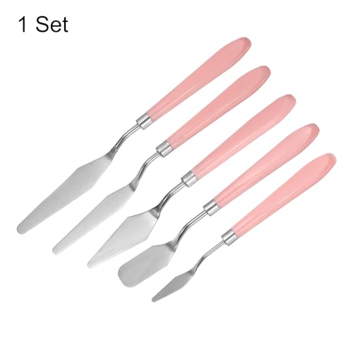 HARFINGTON 5pcs Painting Palette Knife Set Stainless Steel Pointy Flat Art Spatula Painting Pallet Knives Scrapers Tools with Plastic Handle for Acrylic Oil Canvas Mixing Spreading, Pink
