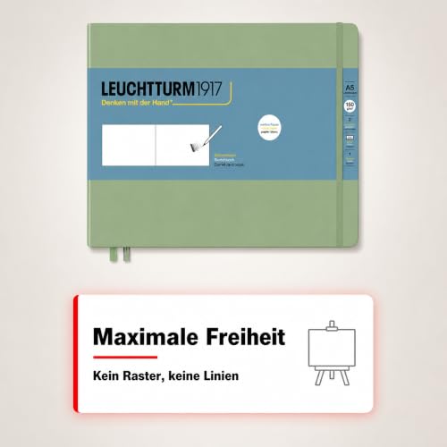 Leuchtturm1917 - Medium Landscape Hardcover Sketchbook (Sage) - 112 Pages of 150g/m² Paper | 150 g/m² drawing cardboard, blank, 112 pages, thread binding, folding pocket, bookmark, elastic closure, acid-free - color: Sage, size: Medium Landscape (A5)