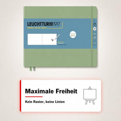 Leuchtturm1917 - Medium Landscape Hardcover Sketchbook (Sage) - 112 Pages of 150g/m² Paper | 150 g/m² drawing cardboard, blank, 112 pages, thread binding, folding pocket, bookmark, elastic closure, acid-free - color: Sage, size: Medium Landscape (A5)