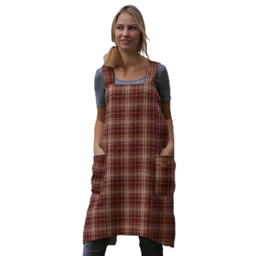 Larmliss Women's Pinafore Square Apron Baking Cooking Gardening Works Cross Back Cotton/Linen Blend Dress with 2 Pockets - color: Gingham-red, size: Small