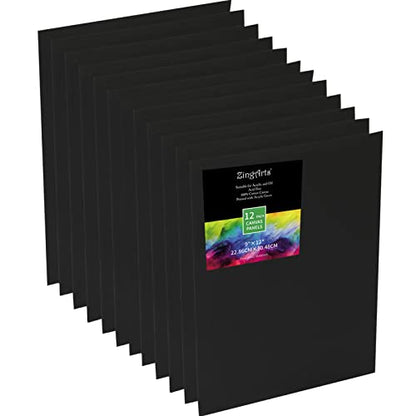 Black Canvas 9x12 Inch 12-Pack, 100% Cotton Primed Canvas Panels for Painting, Acid-Free & Durable Surface for Acrylic, Oil, Gouache – Ideal for Professionals, Students & Kids