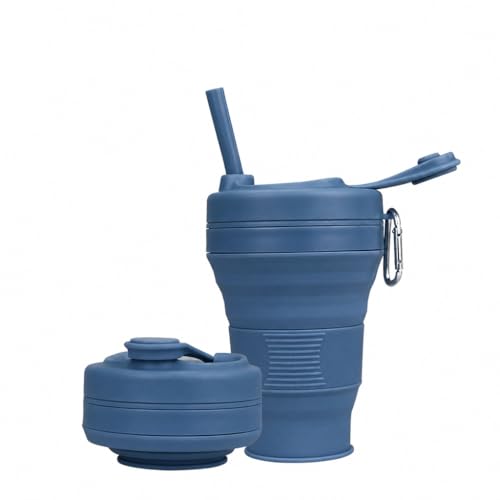 Silicone Coffee Cup with Straw lid Collapsible Cups for Traveling 20oz Lightweight Folding Water Mug for Picnic Hicking Camping Climbing (Blue) - color: Blue