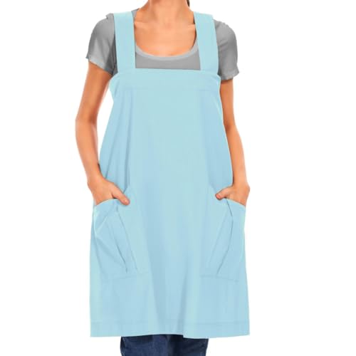 Larmliss Women's Cotton Cross Back Apron Pinafore Dress with Big Pockets Loose Square Apron for Baking Cooking Gardening - color: Light Blue, size: X-Large