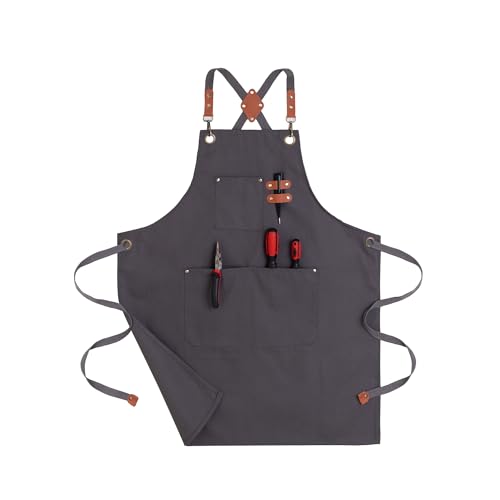 Chef Aprons for Men Canvas Apron with Large Pockets and Adjustable Neck Strap for Cooking,BBQ, Gardening - color: Grey