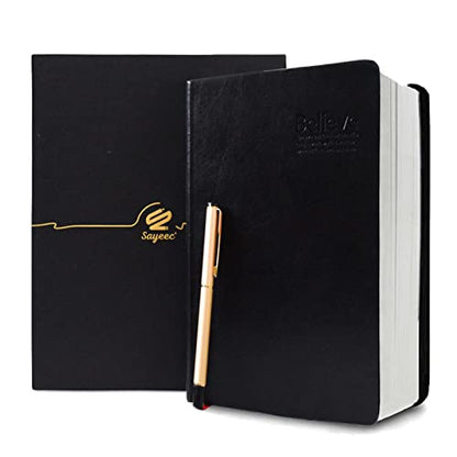 SAYEEC A5 Thick Journal 720 Pages Large Leather Notebook Lined Paper 360 Sheets Writing Notebook with Pen Gift Set Hardcover Diary Black for Taking Notes Business Man Women Gift - color: Black A5 with Text Cover and Pen