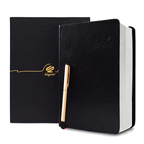 SAYEEC A5 Thick Journal 720 Pages Large Leather Notebook Lined Paper 360 Sheets Writing Notebook with Pen Gift Set Hardcover Diary Black for Taking Notes Business Man Women Gift - color: Black A5 with Text Cover and Pen