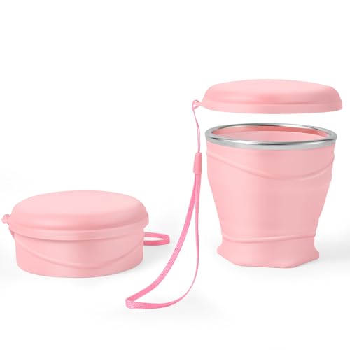 8.8oz/260ml Collapsible Silicone Cup with Lid,BPA-Free,304 Stainless Steel Rim,Portable Cup for Travel,Camping, Hiking,Outdoor Sports (Pink) - color: Pink