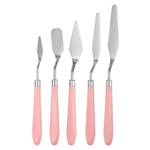 HARFINGTON 5pcs Painting Palette Knife Set Stainless Steel Pointy Flat Art Spatula Painting Pallet Knives Scrapers Tools with Plastic Handle for Acrylic Oil Canvas Mixing Spreading, Pink