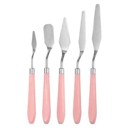 HARFINGTON 5pcs Painting Palette Knife Set Stainless Steel Pointy Flat Art Spatula Painting Pallet Knives Scrapers Tools with Plastic Handle for Acrylic Oil Canvas Mixing Spreading, Pink